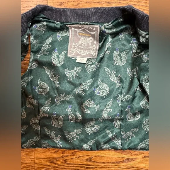 Monsoon Notting Hill W11 Navy/ Gray Vest w/ Green Fox Print Lining Sz 18-24 Mths - Picture 9 of 10